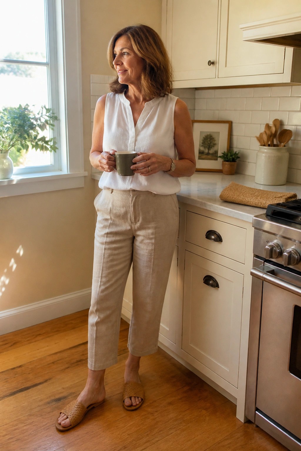 Woman over 50 wearing a white sleeveless linen v neck top tucked into cropped beige linen pants with woven tan slides standing in a kitchen holding a mug.