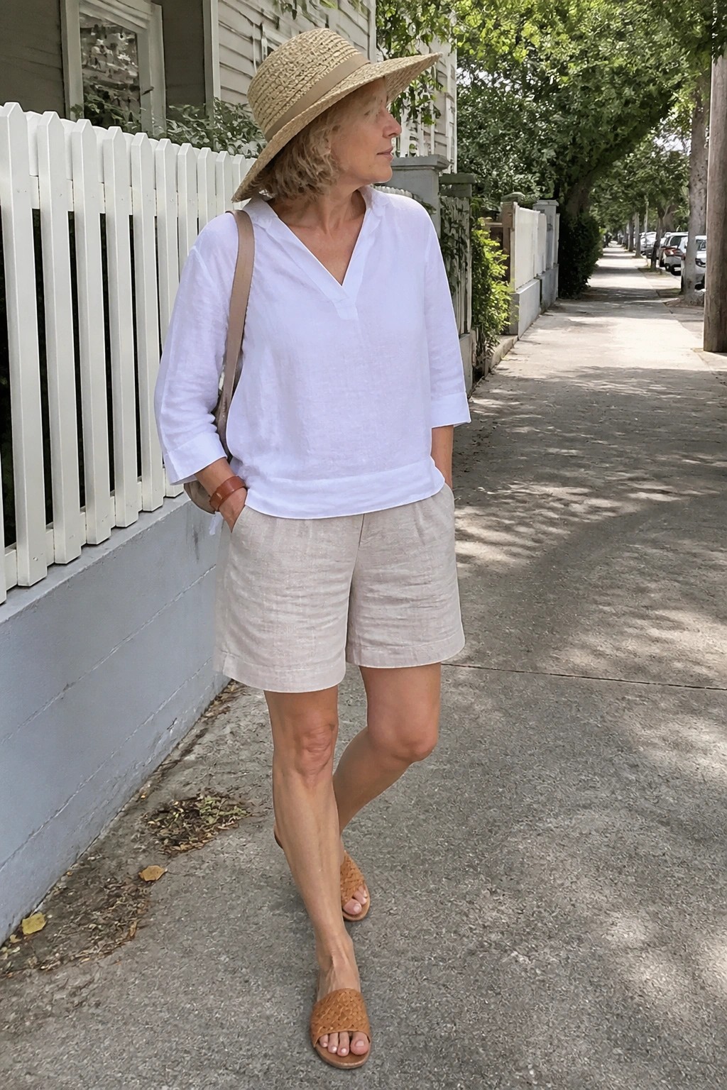 Woman in white blouse, beige shorts, and straw hat on sidewalk
