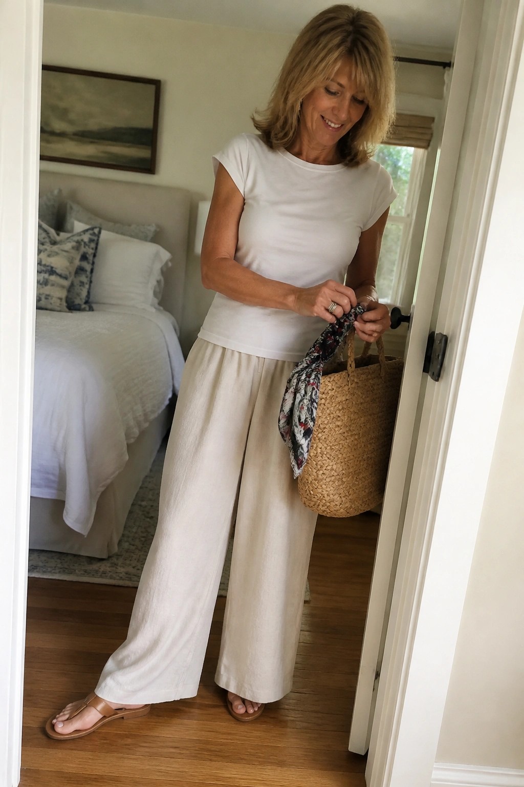 Woman in white top and beige pants holding straw tote bag in doorway