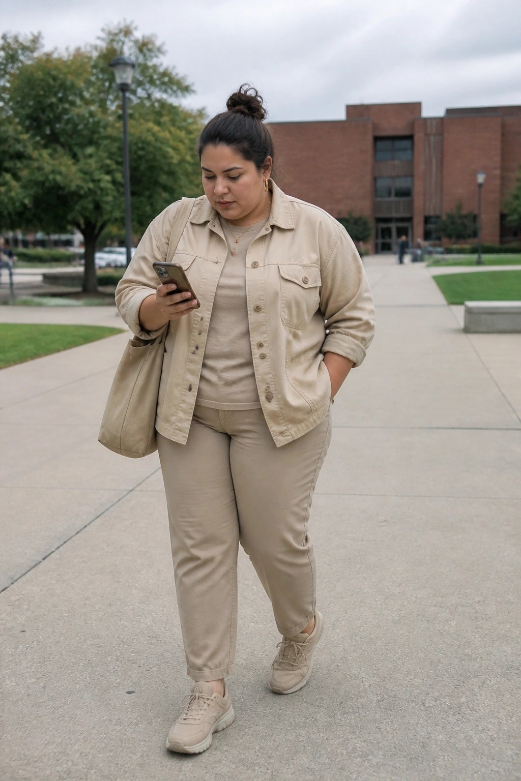 Woman in beige outfit checks smartphone on paved walkway near brick building