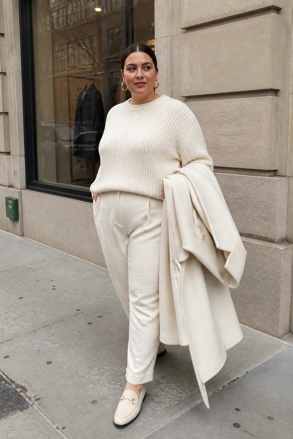 Plus size woman wearing an all cream monochrome outfit with an oversized chunky knit sweater, matching straight leg trousers, a draped coat over one arm, and cream loafers with gold hardware.