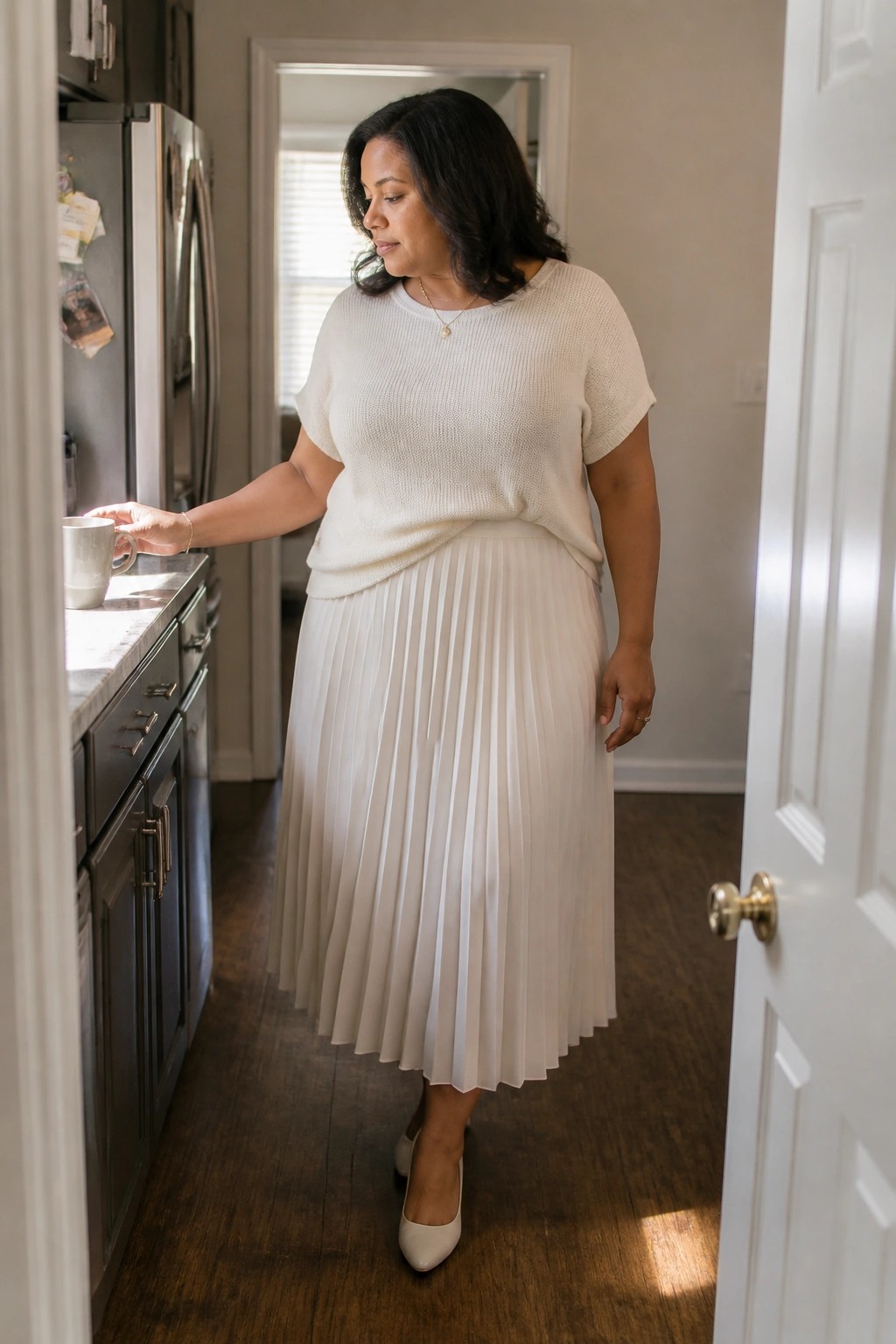 Woman in cream knit top and pleated skirt holding mug in kitchen