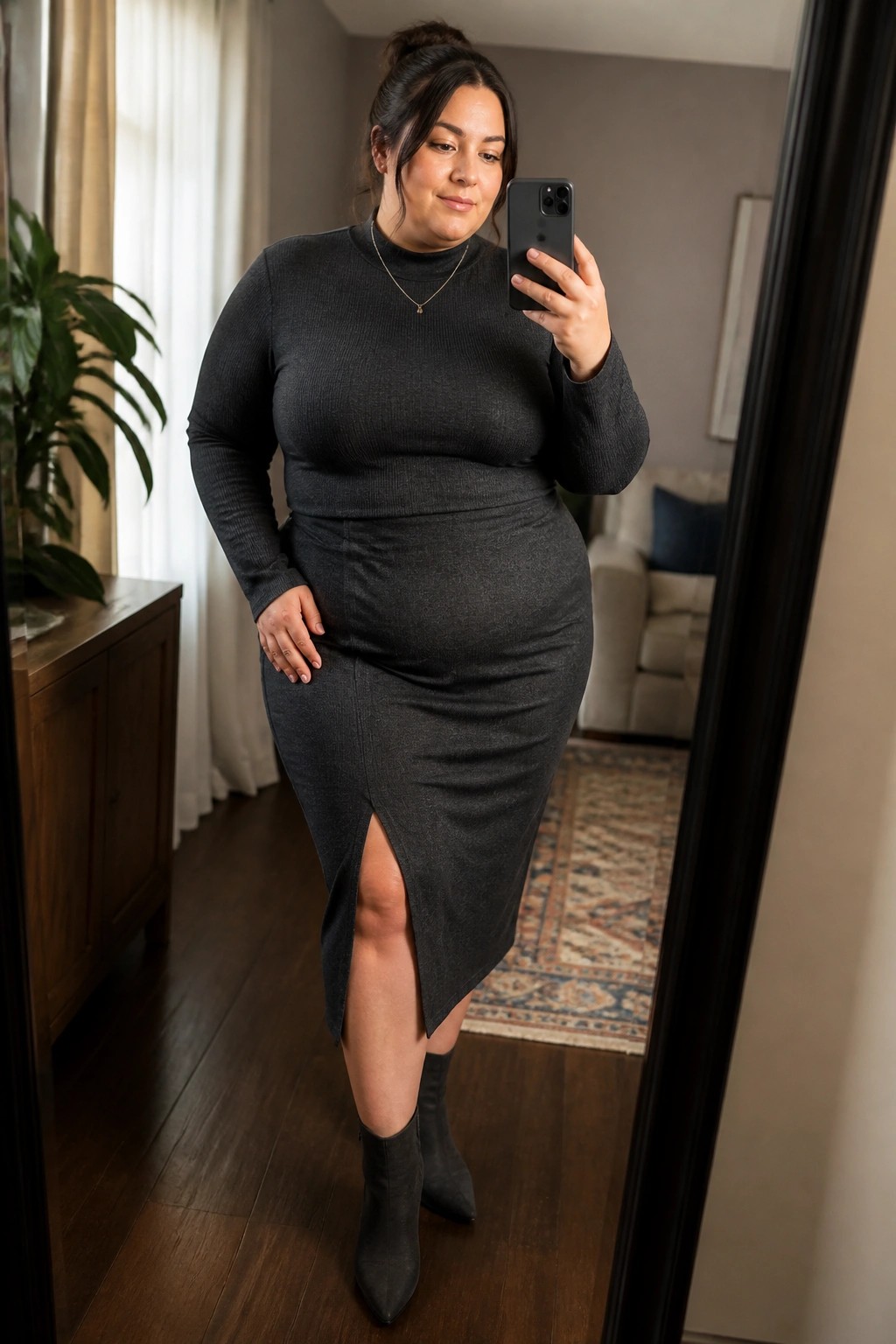 Woman in dark gray midi dress taking mirror selfie wearing black boots