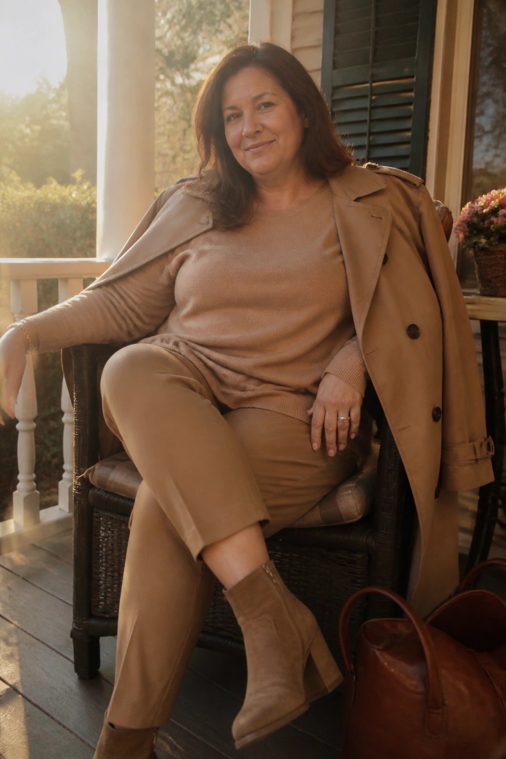 Woman in beige sweater, pants, and boots with trench coat on porch chair
