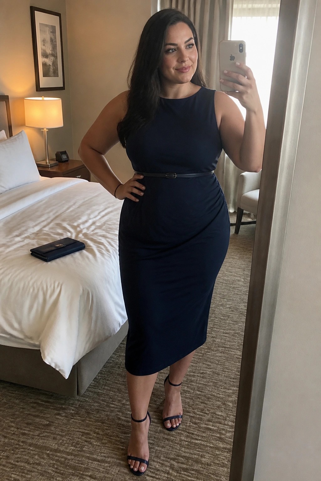 Woman in navy blue dress taking mirror selfie in hotel room