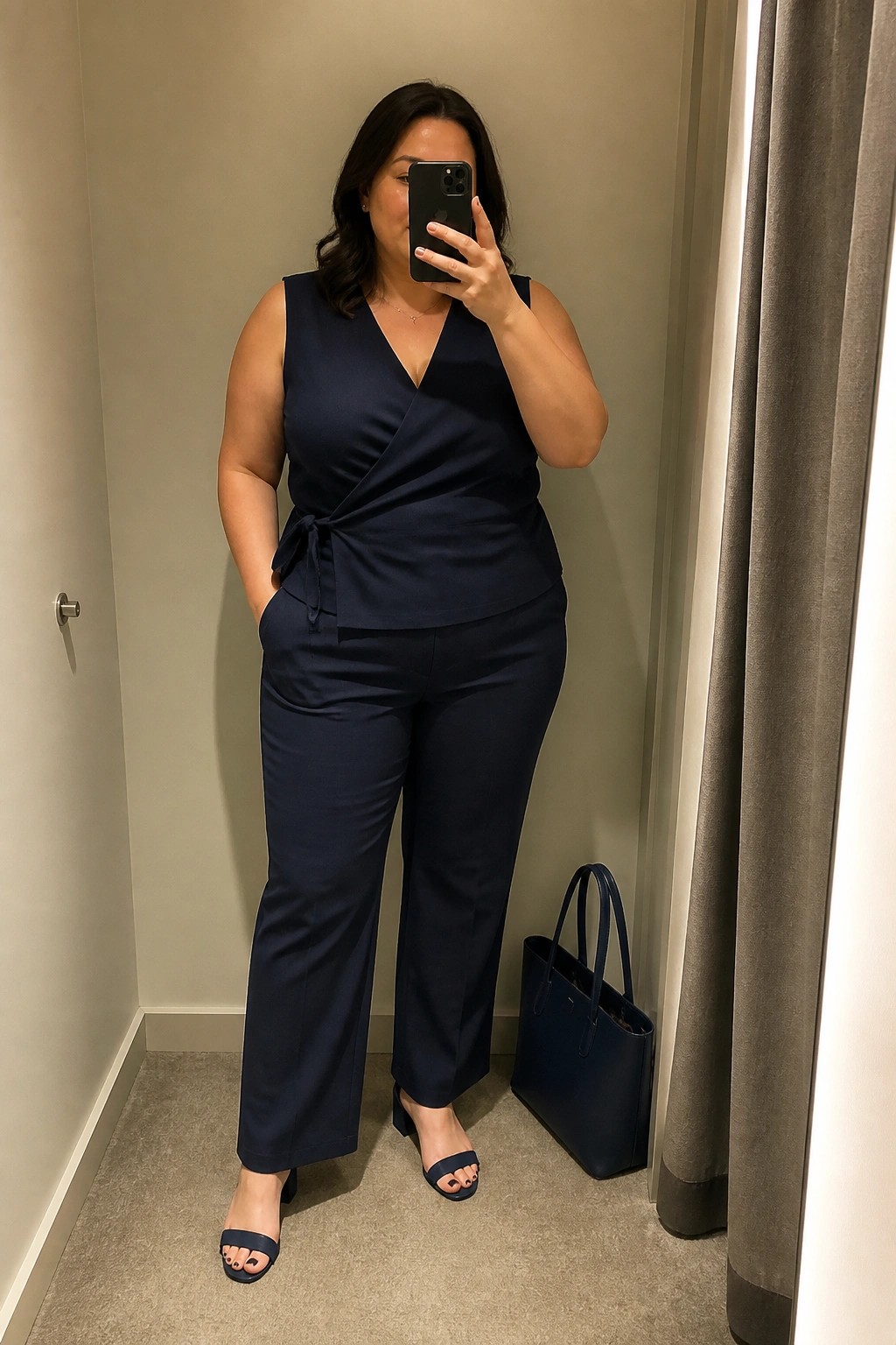 Woman in navy blue wrap top and wide-leg pants taking mirror selfie in fitting room