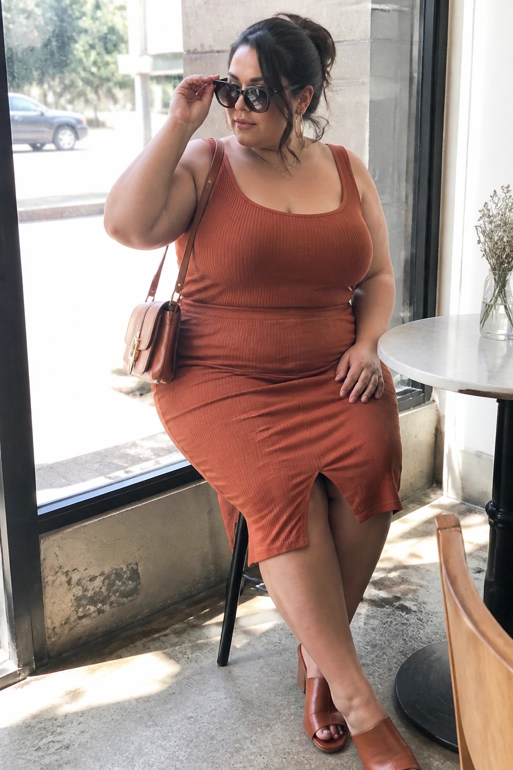 Plus size woman wearing a rust ribbed tank midi dress with side slit, brown leather crossbody bag, gold necklaces, sunglasses, and brown heeled mules in a monochrome brown palette.