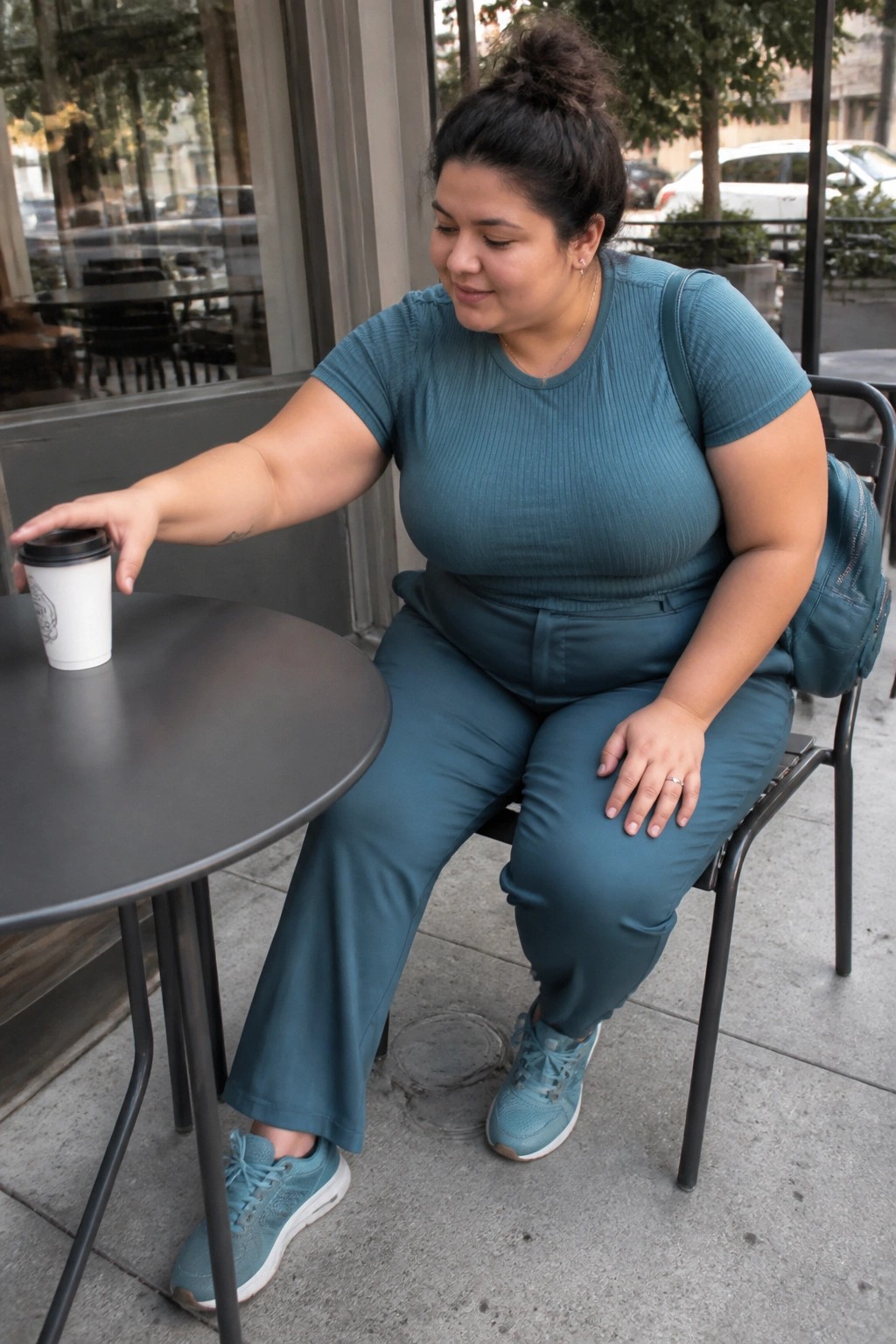 Woman in teal outfit seated at outdoor cafe table reaching for coffee cup.