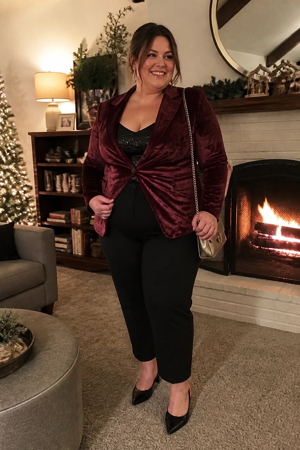 Smiling woman in maroon velvet twist blazer and black pants by lit fireplace and Christmas tree.