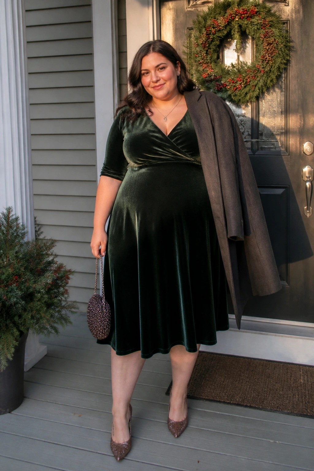 Woman in emerald green velvet dress with sparkly heels and purse on porch