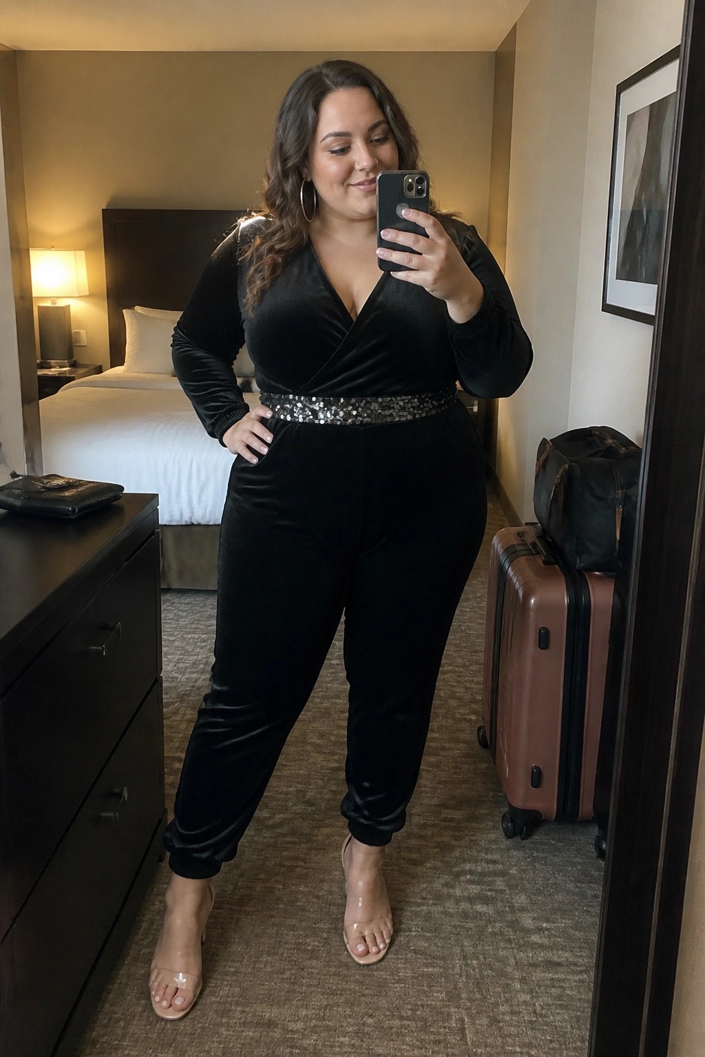 Woman in black velvet jumpsuit with sequined belt taking mirror selfie in hotel room.