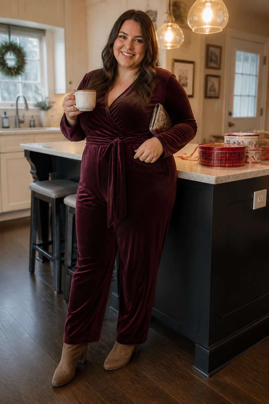 Plus size woman wearing a burgundy velvet wrap jumpsuit with long sleeves and tie waist, paired with beige suede ankle boots and holding a sequin clutch