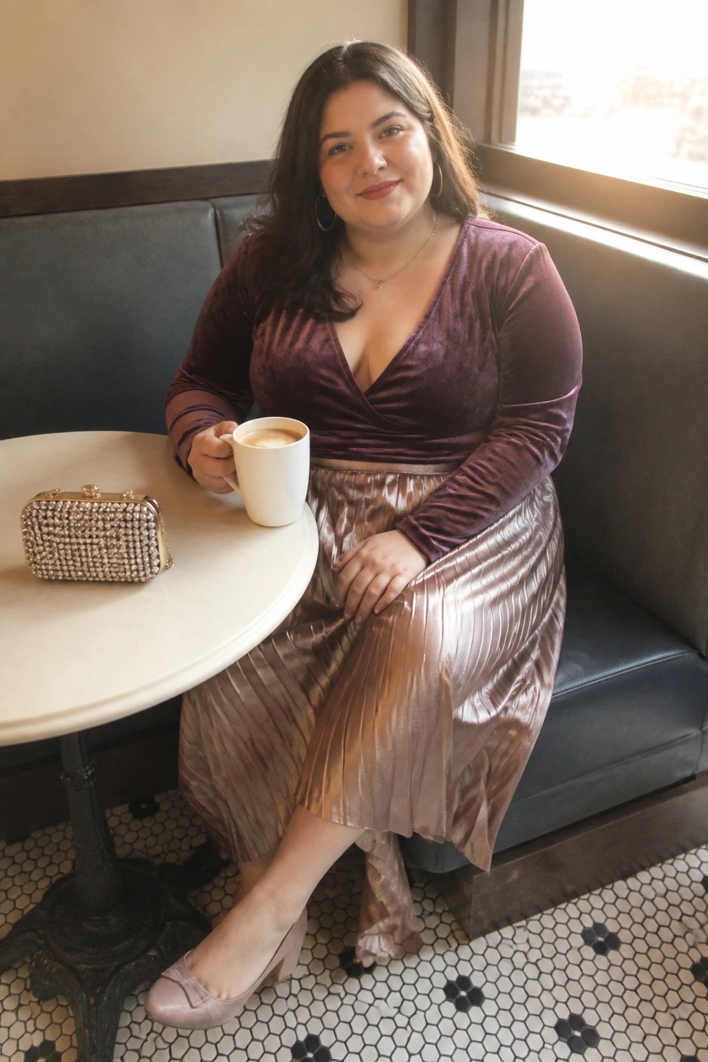 Woman in purple velvet top and metallic pleated skirt holding coffee at cafe table