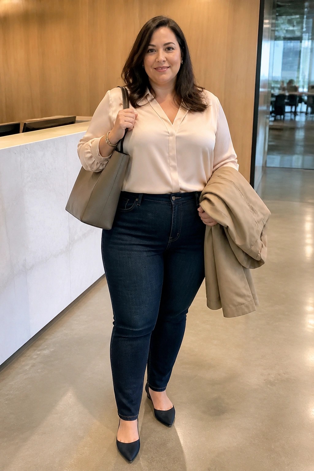 Woman in beige blouse and jeans holding gray bag and tan jacket in office