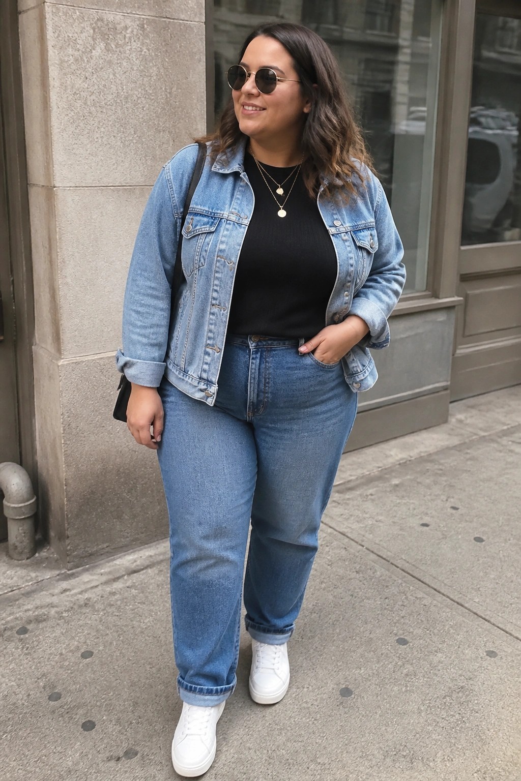 Woman in blue denim jacket and jeans with white sneakers on sidewalk