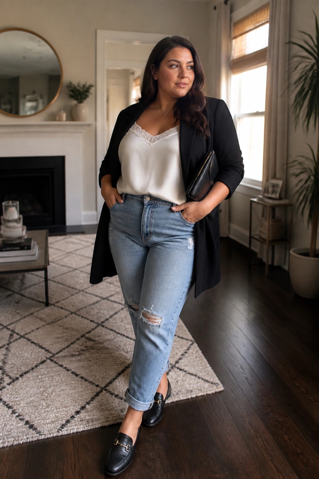 A plus size woman wearing light blue ripped jeans, a white satin camisole with lace trim, an oversized black blazer, black horsebit loafers, and holding a black clutch.