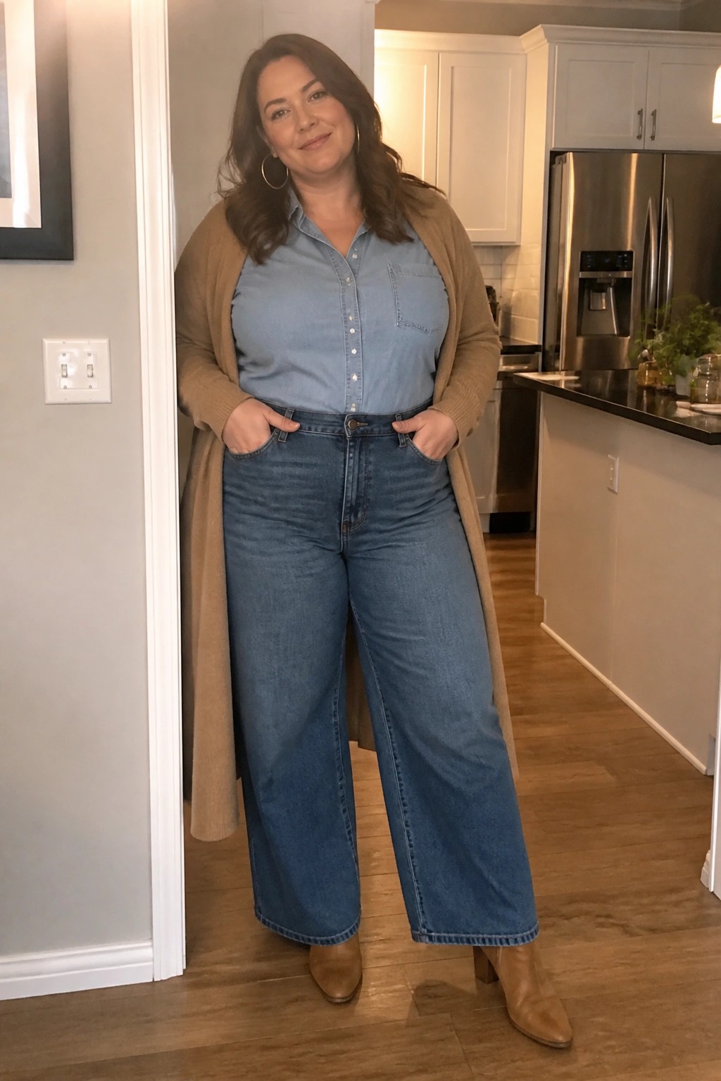 Woman in light blue denim shirt, tan cardigan, and wide-leg jeans in kitchen