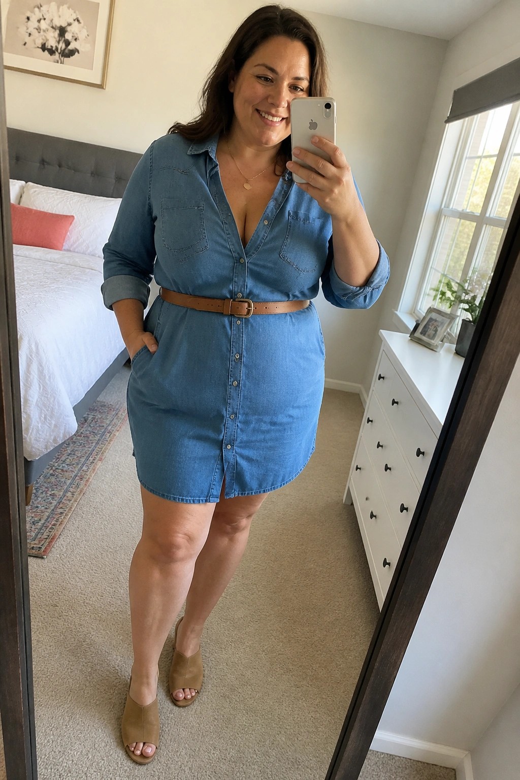 plus size woman in blue denim shirt dress with brown belt and tan open toe shoes taking mirror selfie