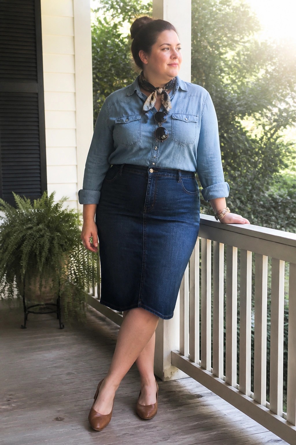 Woman in blue denim shirt and dark skirt leaning on porch railing