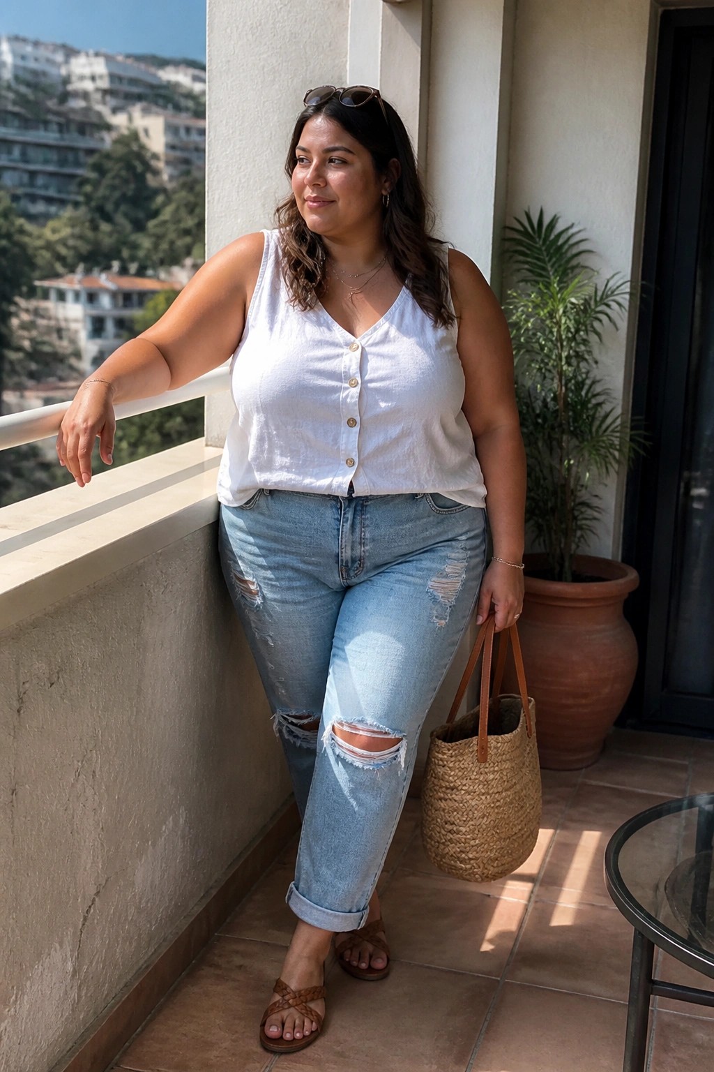 Woman in white top and ripped jeans holding straw bag on balcony