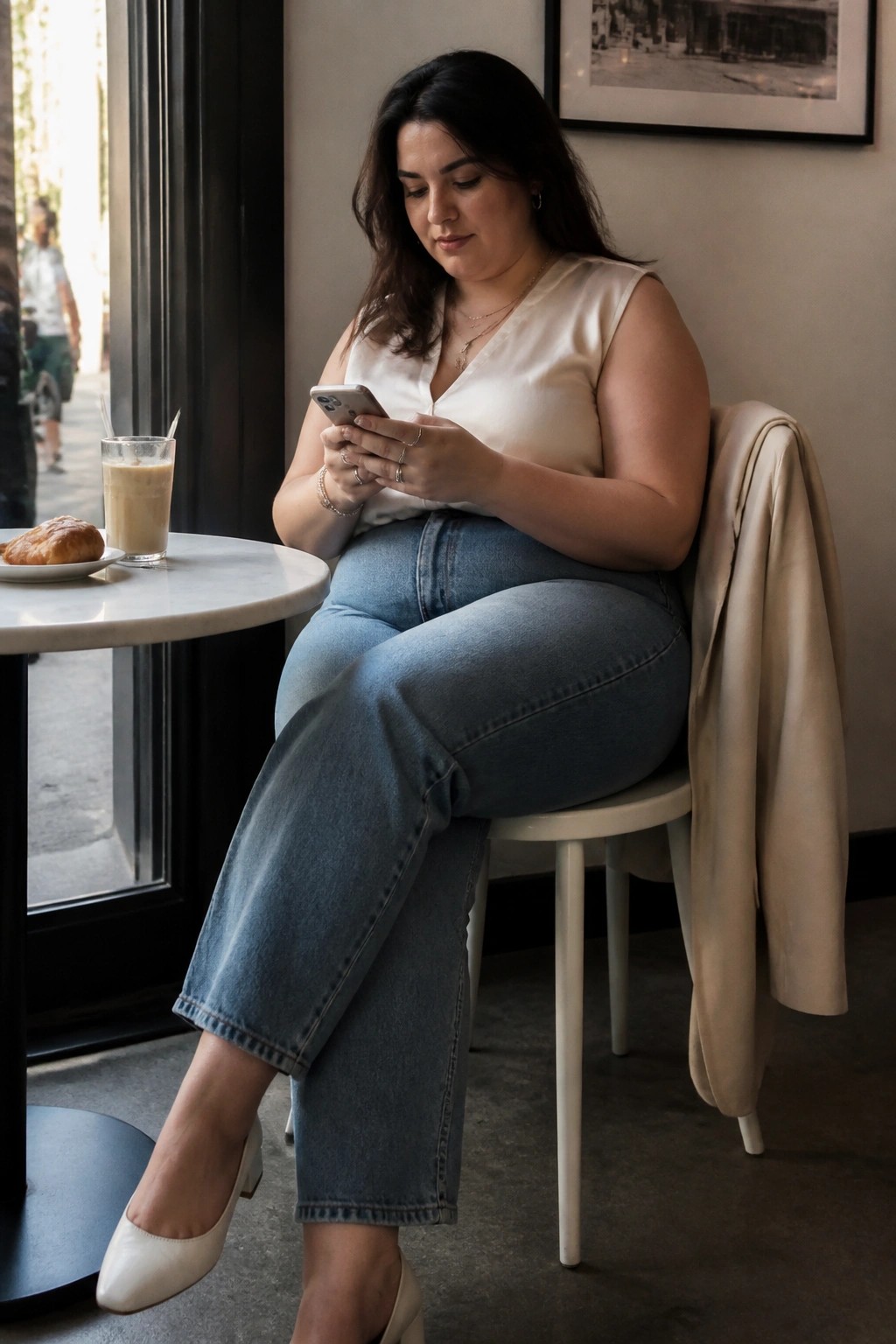 Woman in white top and blue jeans using phone at cafe table with latte and croissant