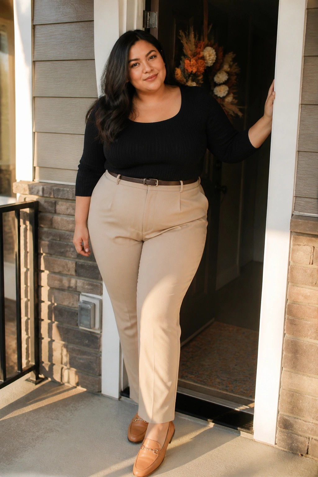 Plus size woman in black ribbed square neck top tucked into beige straight leg trousers with brown belt and brown loafers.