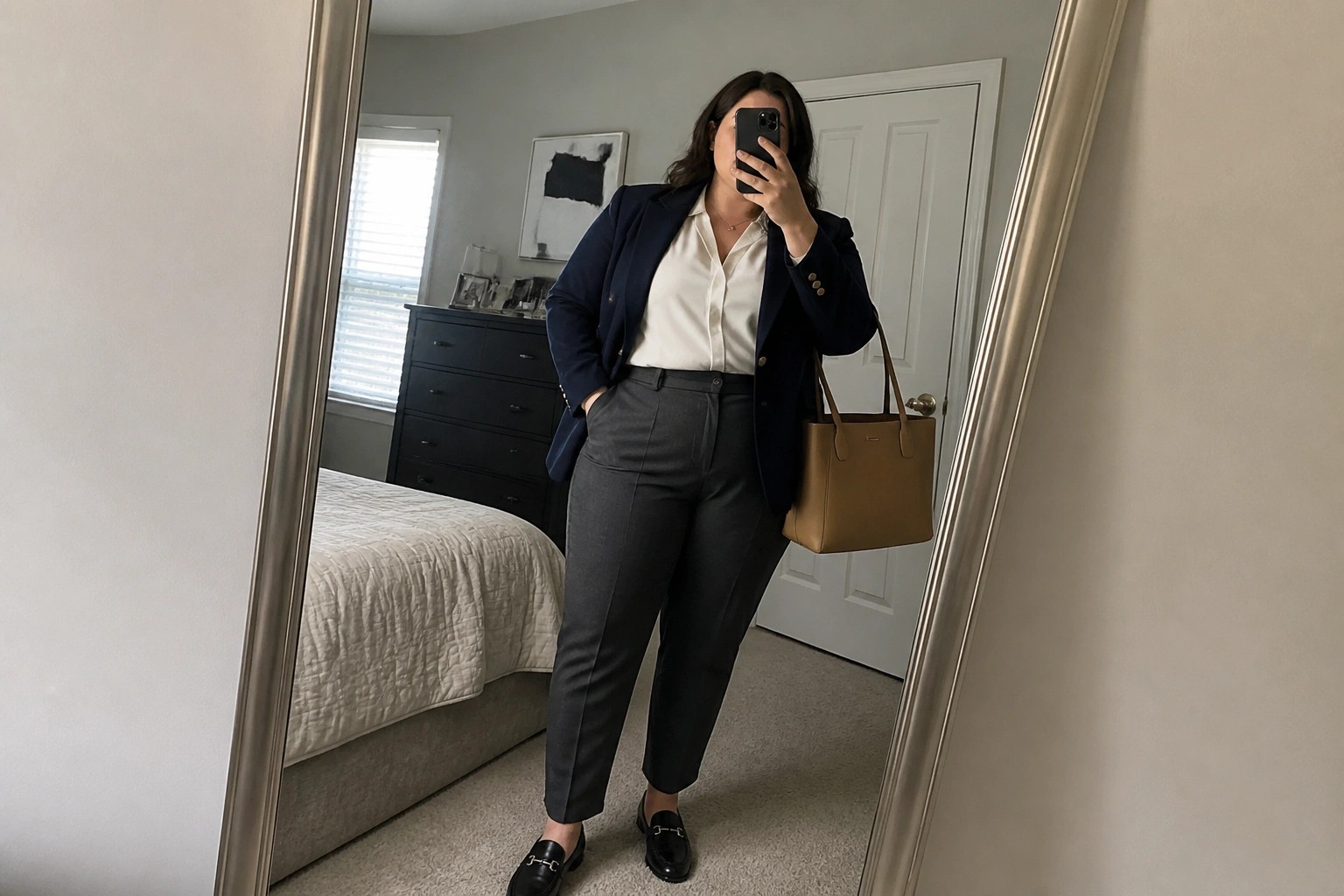 Woman in black blazer, white shirt, and gray pants taking bedroom mirror selfie