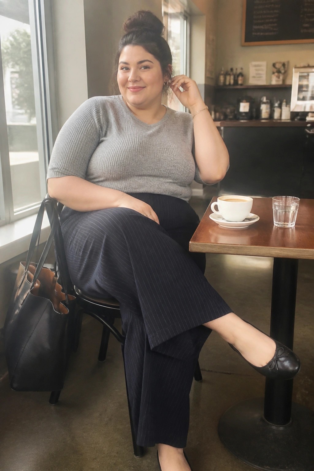 Plus size woman wearing a gray ribbed short sleeve top tucked into dark pinstripe wide leg pants with black ballet flats and a black leather tote bag.