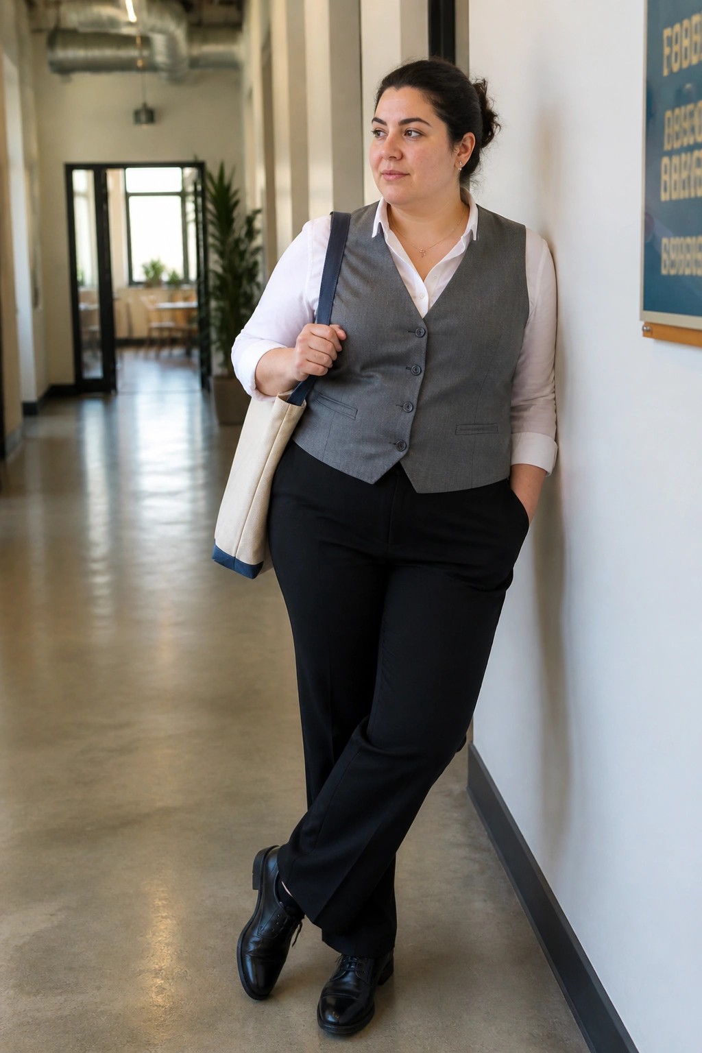 Woman in gray vest and black pants with beige tote bag in hallway