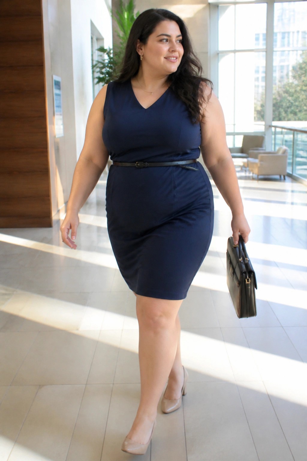 Curvy woman in navy blue dress carrying black briefcase in bright lobby