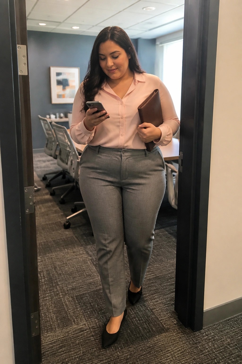 Woman wearing a light pink button-up shirt tucked into gray tailored pants with black pointed-toe flats while holding a phone and brown folder