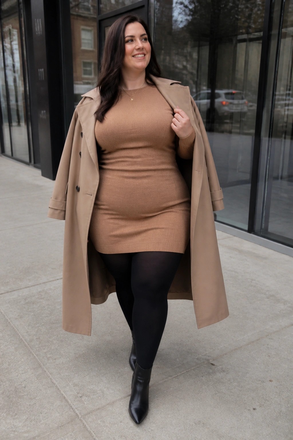 Smiling woman in tan trench coat over brown knit dress on sidewalk
