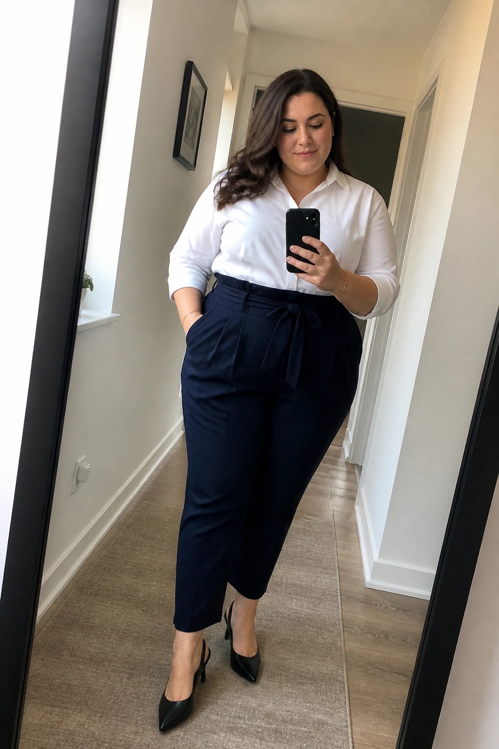 Woman in white shirt and navy belted pants taking mirror selfie with phone