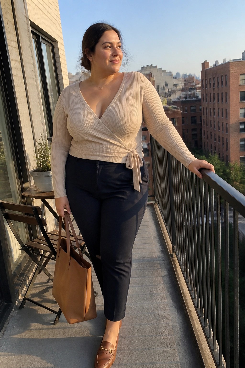 Woman in beige wrap sweater and black pants on city balcony with brown tote