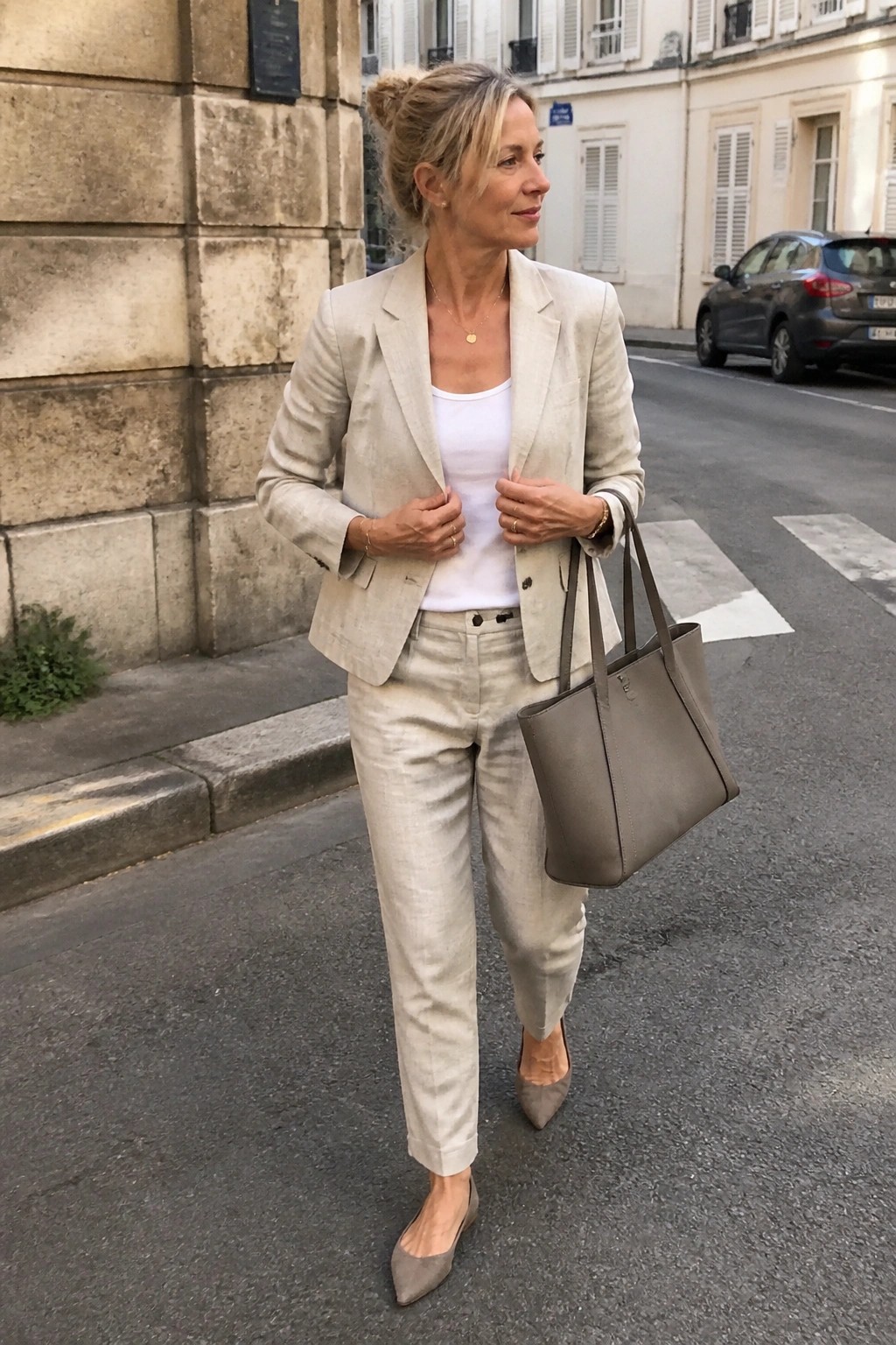 Woman in beige linen suit with taupe handbag on city street