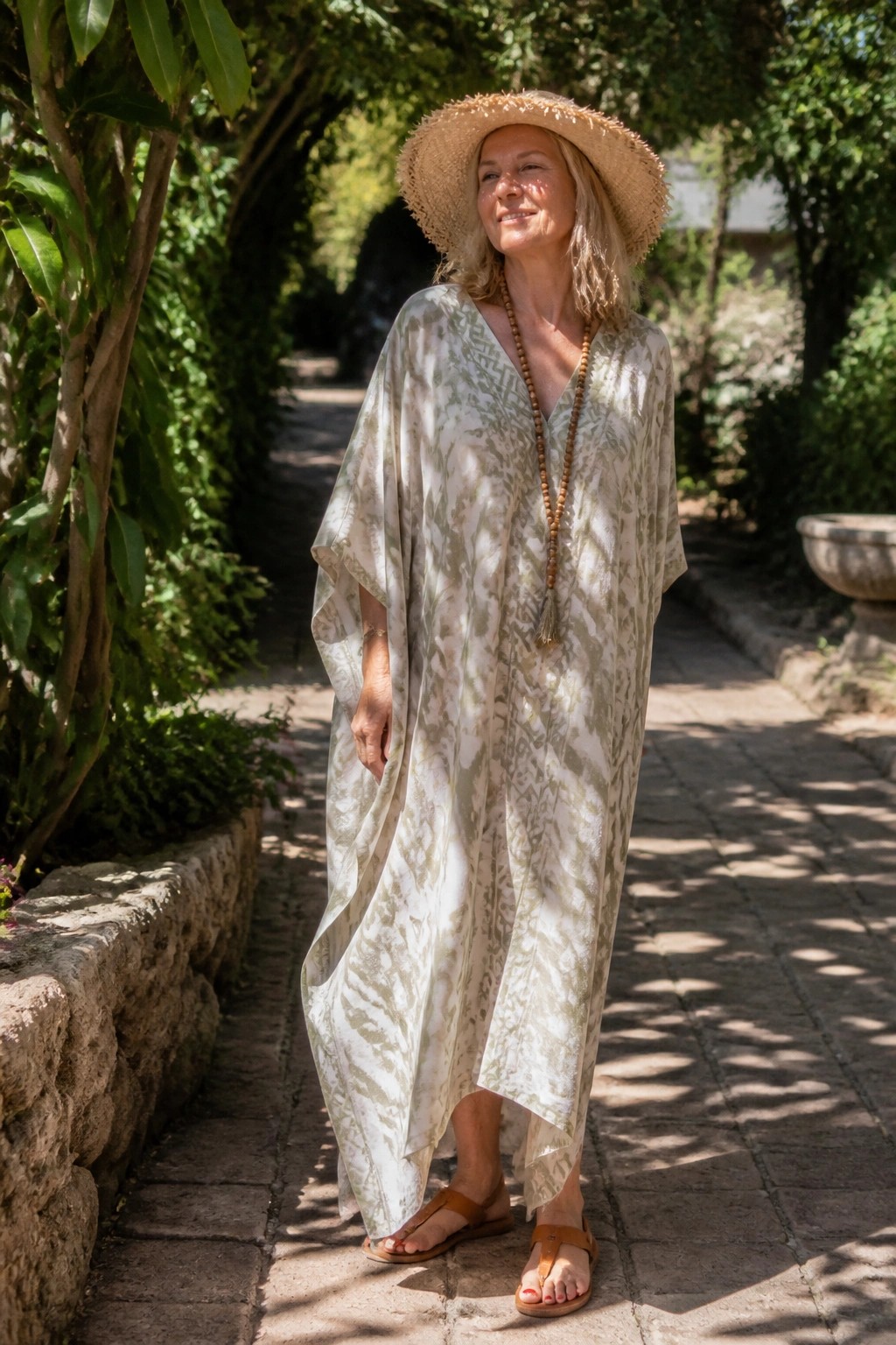 Woman in flowing patterned caftan and straw hat on sunny garden path