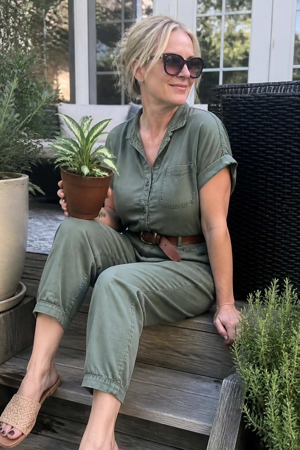 Blonde woman in sage green outfit holding potted plant on wooden steps