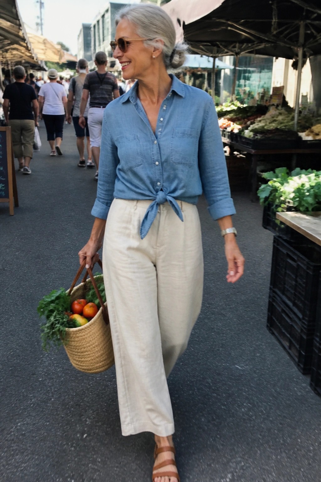 Stylish gray-haired woman in blue tied shirt and beige pants carrying vegetable basket at market