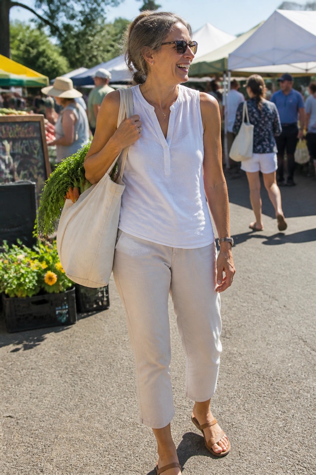 Woman over 50 wearing a white sleeveless henley top tucked into cropped light beige pants, carrying a canvas tote bag, paired with brown flat sandals and sunglasses at an outdoor market.