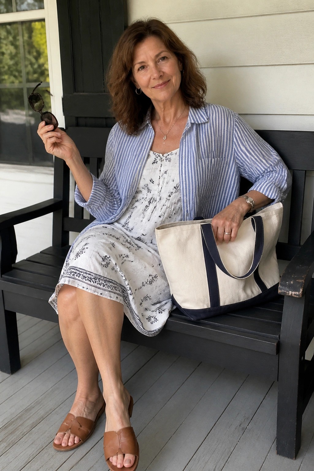 Woman over 50 wearing a blue and white striped button down shirt open over a white floral print midi dress with brown leather slide sandals and holding a canvas tote bag while seated on a bench.