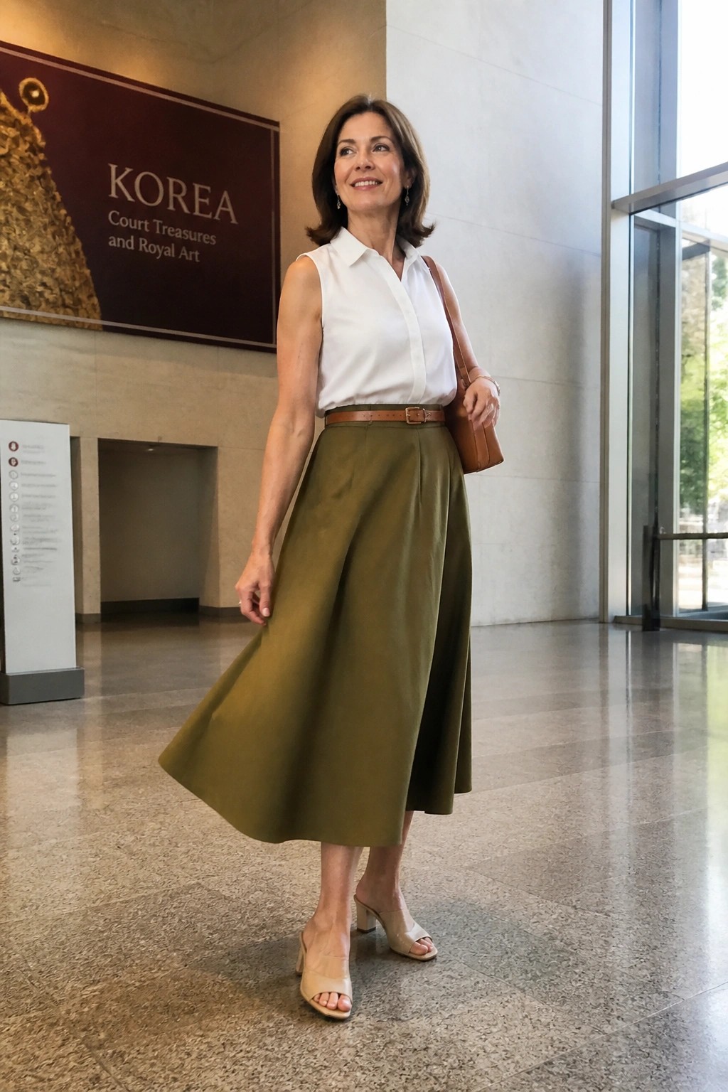 Woman in white shirt and olive skirt standing in museum lobby