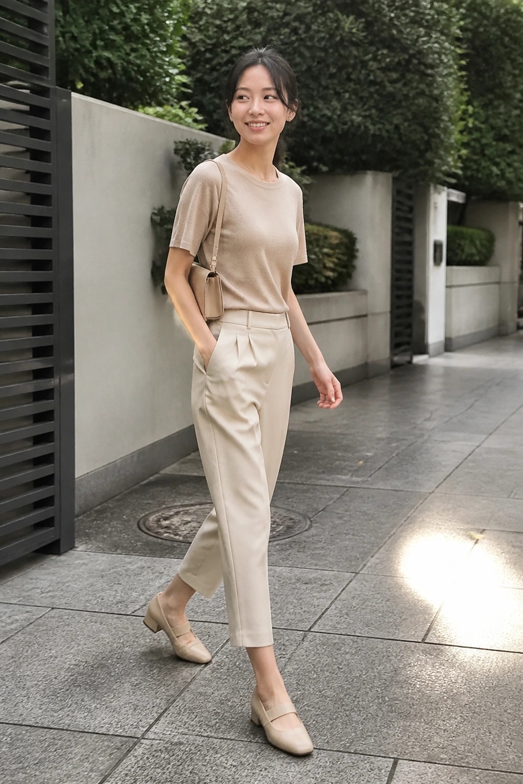 Woman in beige knit top and pleated trousers on sunny urban walkway