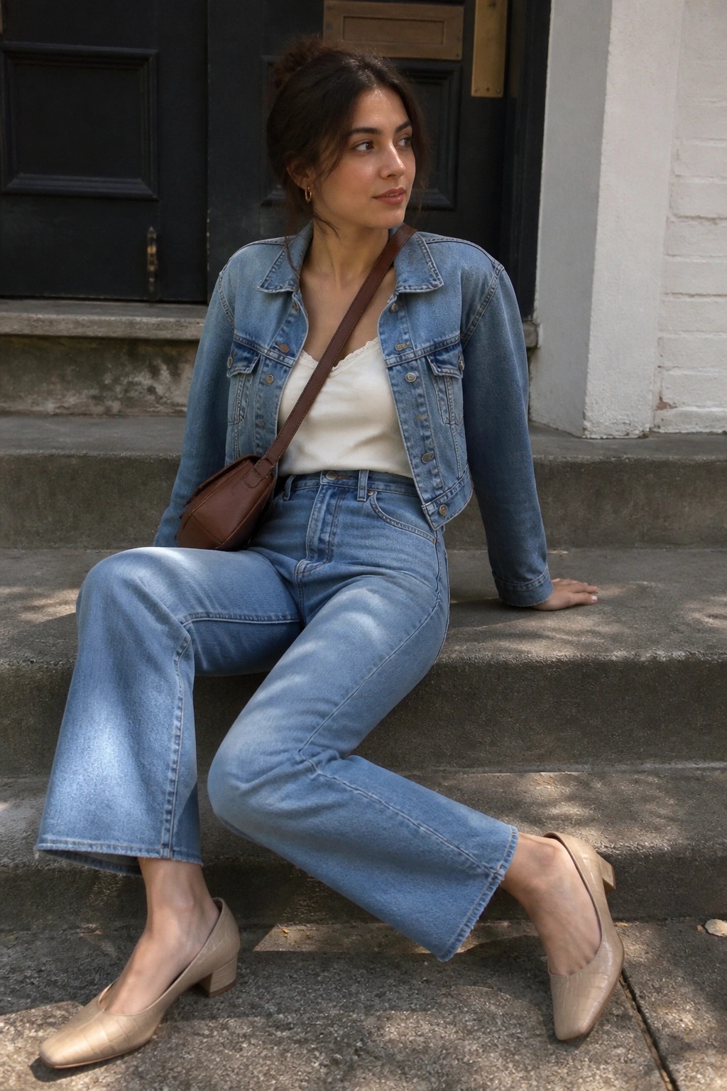 Woman in cropped blue denim jacket over white camisole paired with high waisted wide leg blue jeans and beige low block heel shoes with brown crossbody bag.