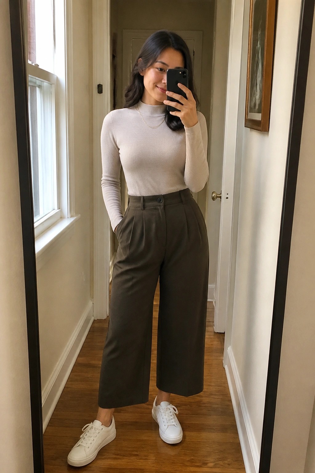 Woman in beige turtleneck and olive trousers taking mirror selfie with phone