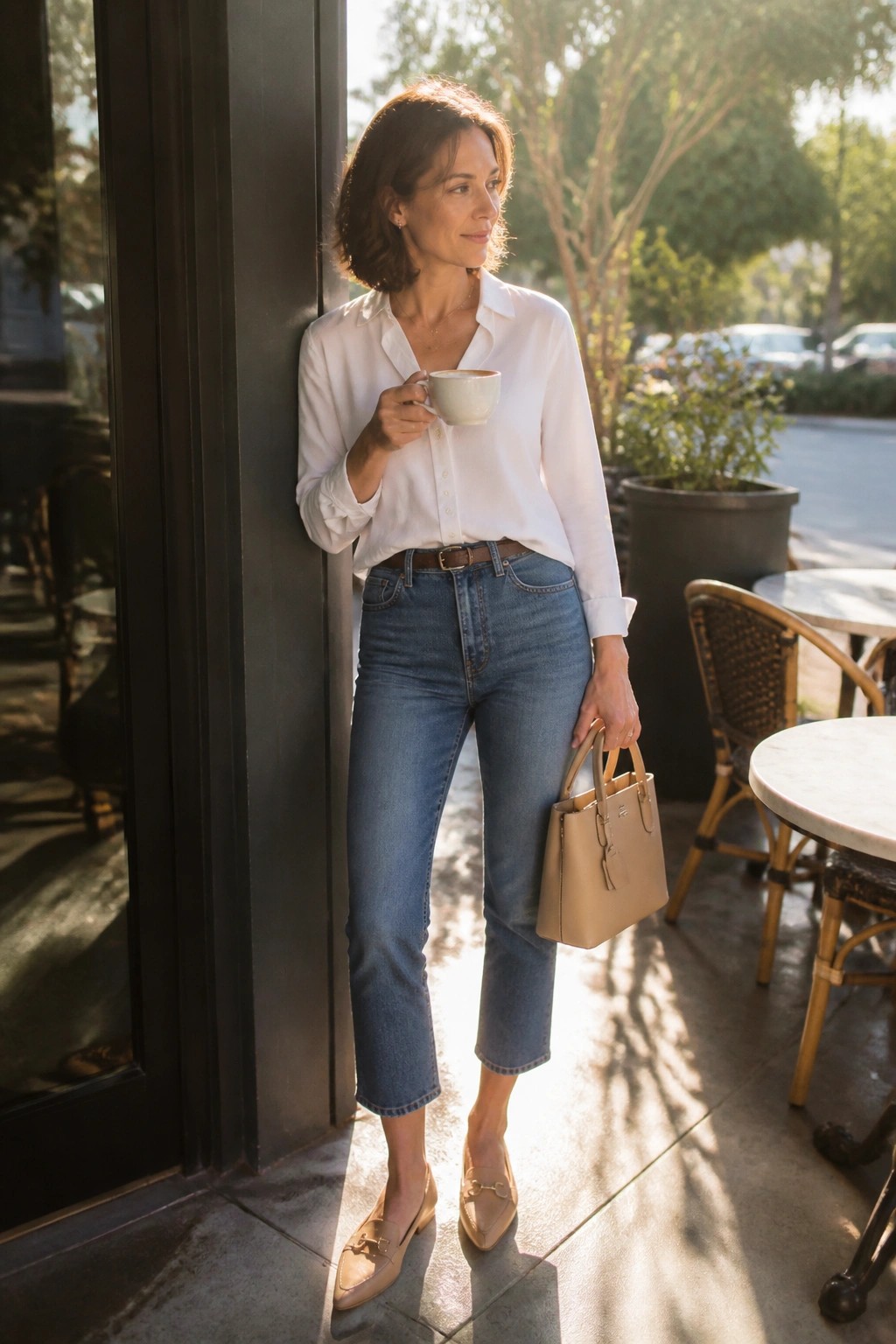 Woman in white button-down shirt tucked into high-waisted cropped blue jeans, beige loafers, and matching handbag, holding a coffee cup.
