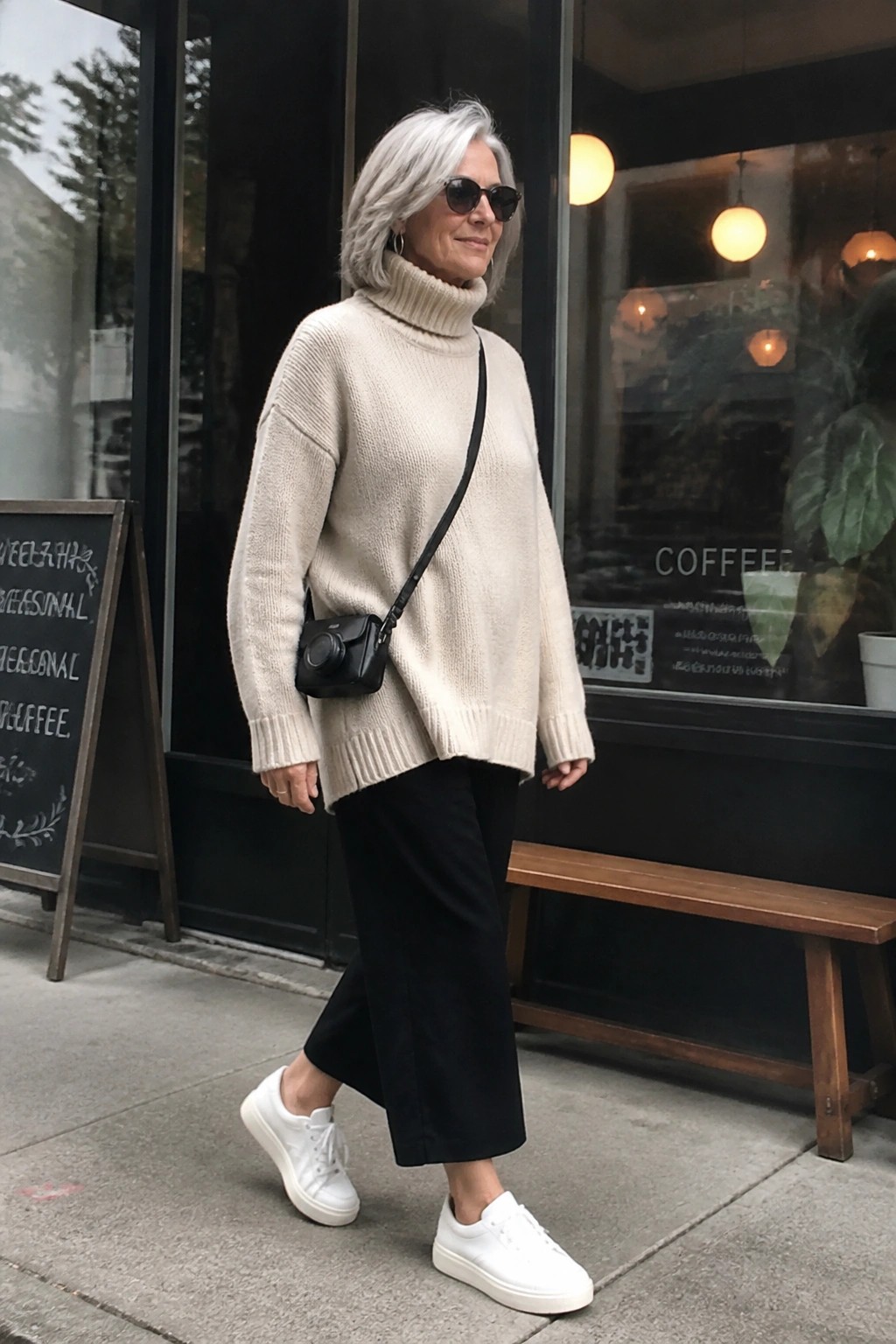 Woman with gray hair in beige turtleneck sweater, black pants, white sneakers outside cafe