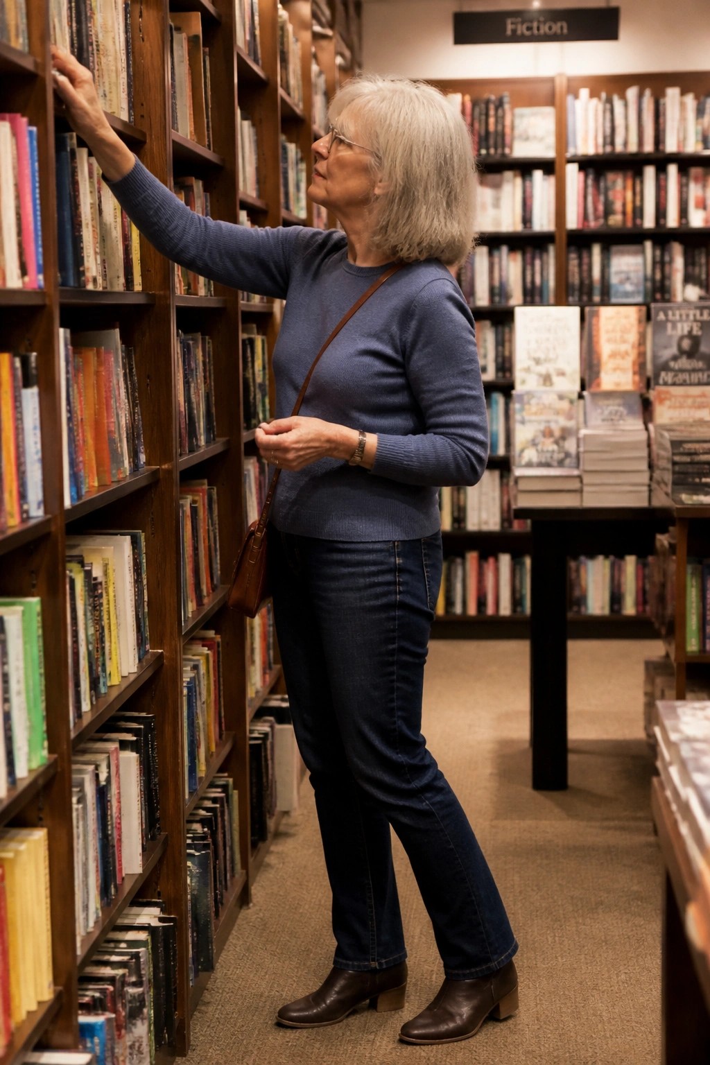 Elderly woman in blue sweater reaching for book in fiction section.