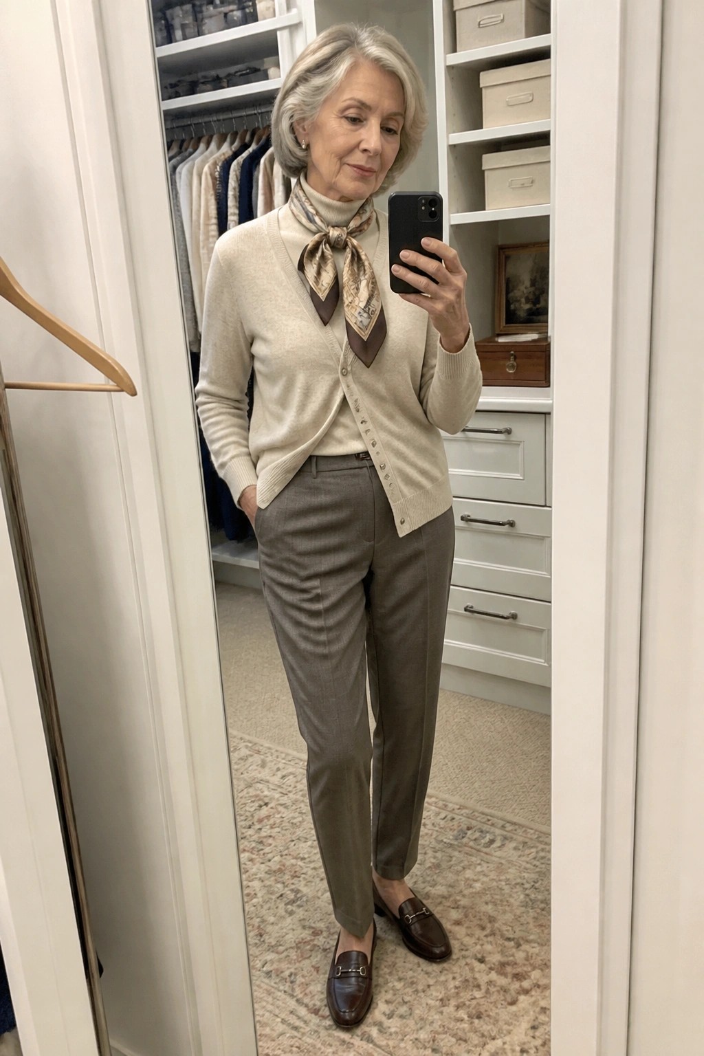 Gray-haired woman in beige cardigan, gray pants, and scarf taking closet mirror selfie