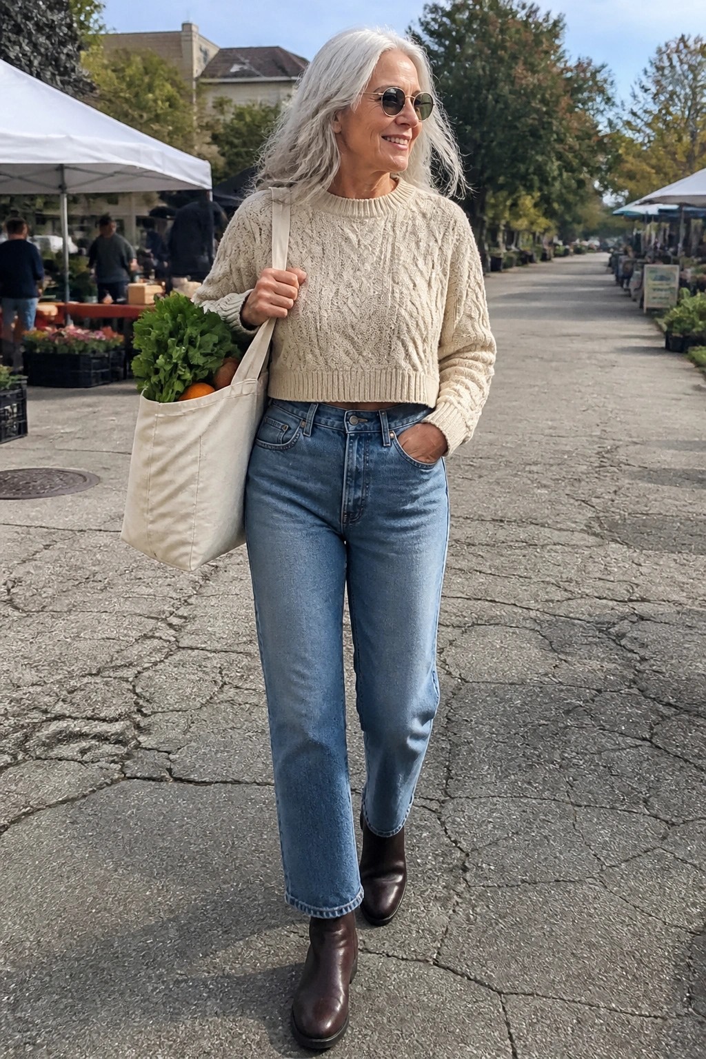 Gray-haired woman in cream sweater and jeans with tote bag at market