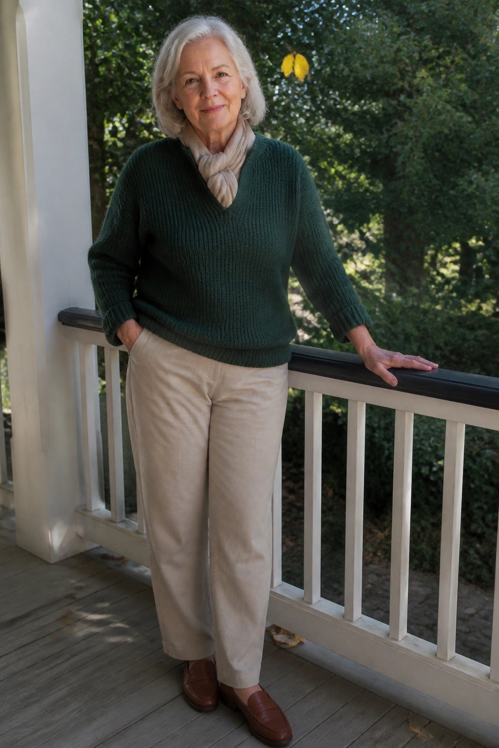 Older woman in green sweater and beige pants on porch railing.